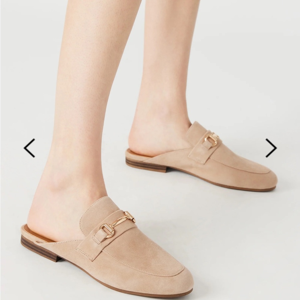 Steve Madden Beige Suede Backless Loafers with Gold Buckle